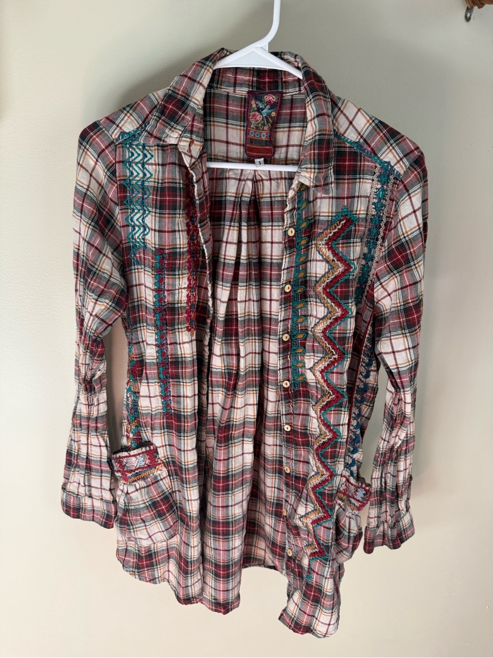 Johnny Was 3J Workshop Embroidered Plaid Button Down Boho Tunic Top S